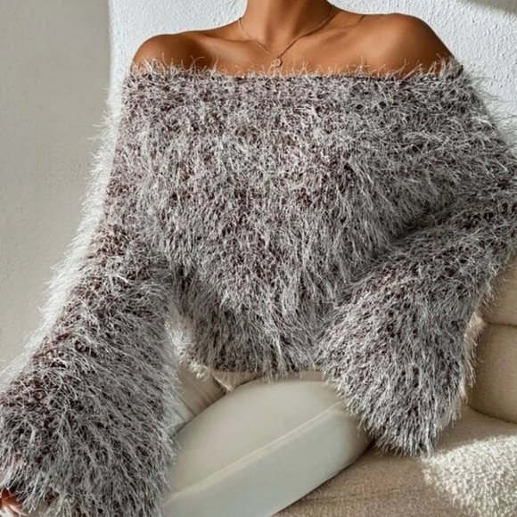 fluffy knit Off Shoulder Trumpet Sleeve Sweater Top Brown - Picture 2 of 9